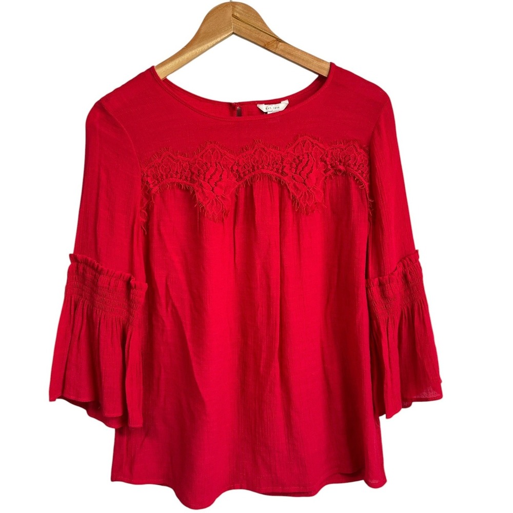 C. Est. 1946 Blouse Red Lace Trim Bell Sleeve Boho Romantic Smocked Small Casual